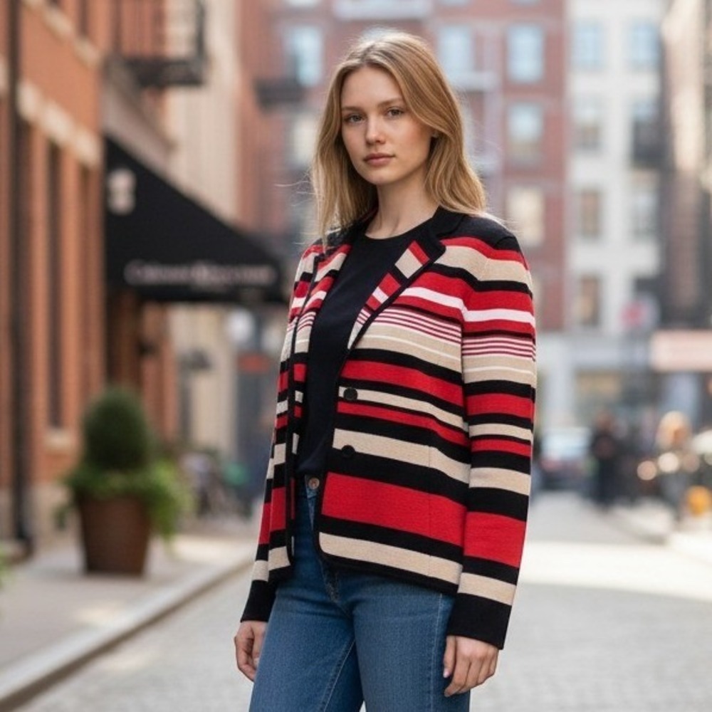 Calvin Klein Knit Blazer Womens PXL Red Black Striped Cardigan Jacket Careerwear